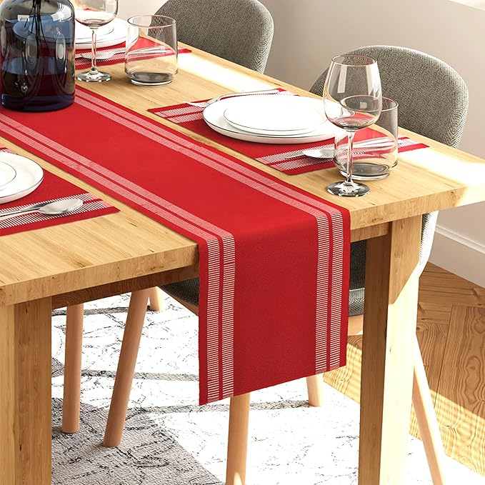 Encasa XO Table Runner and Placemats Set 6 | Fine Ribbed Cotton | Ladder Red | 1 Table Runner Size 13"x72" & Each Table Mat Size 19x13 Inch