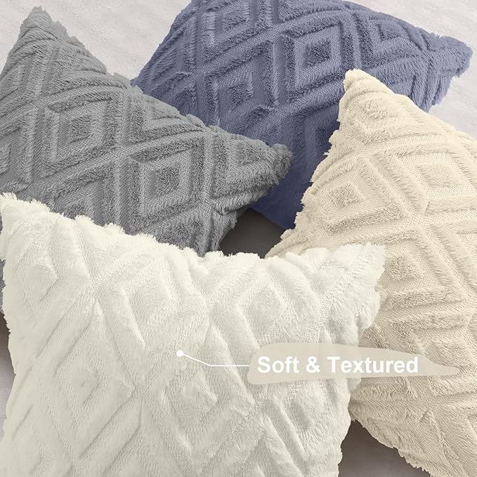 decorUhome Pack of 4 Faux Fur Throw Pillow Covers 16x16, Soft Decorative Couch Pillow Covers with Velvet Back for Modern Sofa Living Room, Grey/Beige