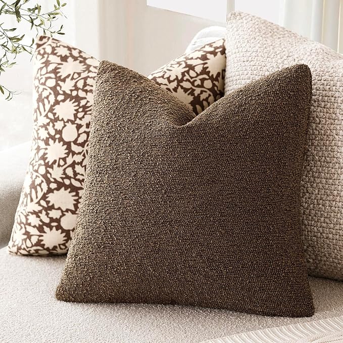 Foindtower Decorative Textured Boucle Throw Pillow Covers Accent Solid Pillow Cases Neutral Soft Cozy Couch Cushion Case for Chair Sofa Bedroom Living Room Home Decor 26x26 Inch,1PC,Chocolate