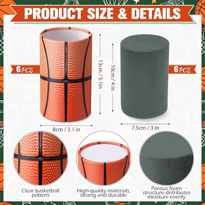 6 Set 5 Inch Basketball Vase Table Centerpiece Sports Style Round Basketball Runner Flower Box with Paper Removable Foam Vase for Home Artificial Flower Utensil Holder Kitchen Party Decor