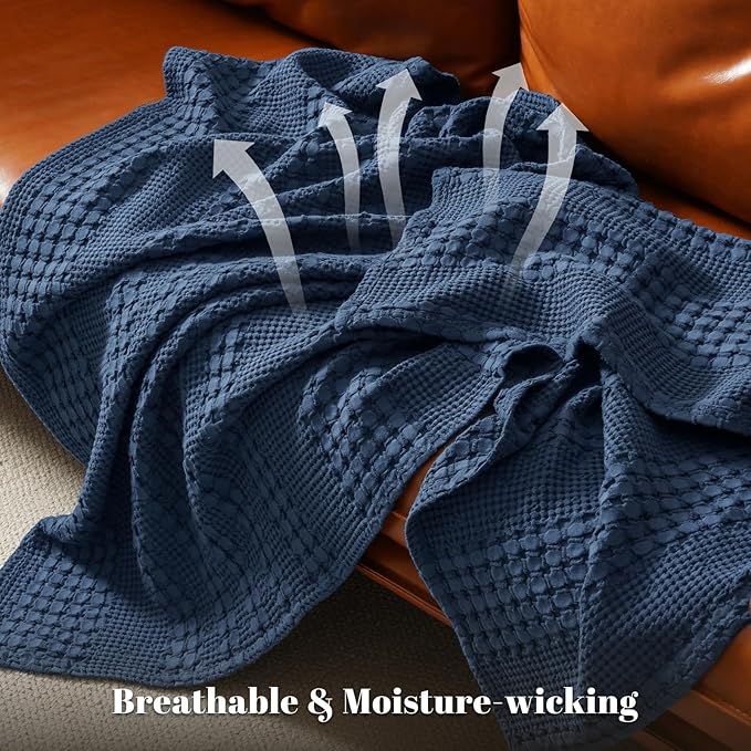 PHF 100% Cotton Waffle Weave Blanket Twin Size for Bed, Soft Lightweight & Breathable, All-Season Comfort, 300 GSM Luxury Aesthetic Blanket for Home Decor, 66"x90", Blue Sapphire