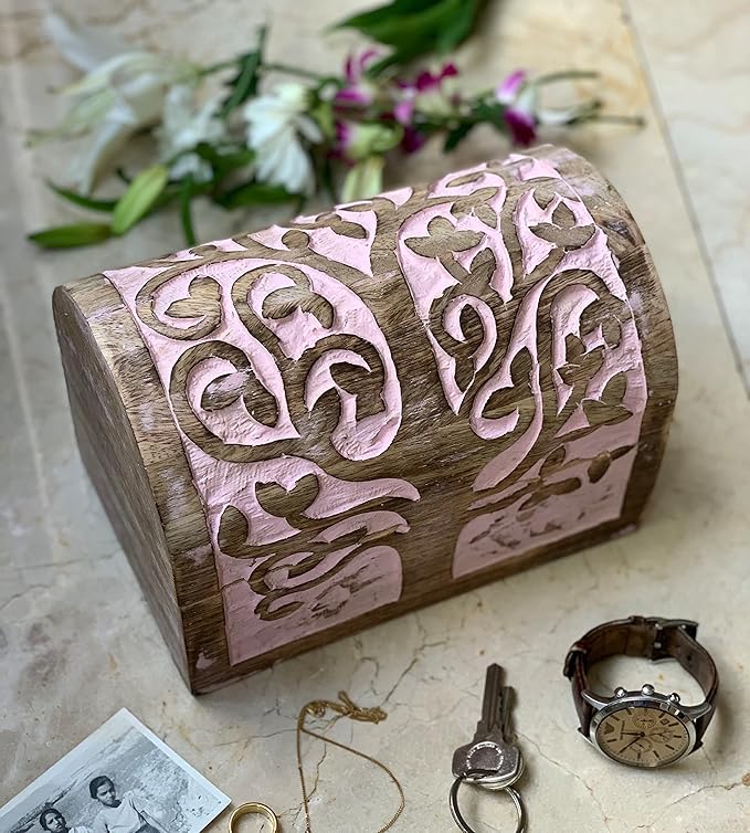 Great Birthday Gift Ideas Handmade Decorative Wooden Jewelry Box With Tree of Life Carvings Jewelry Organizer Keepsake Box Treasure Chest Trinket Holder Watch Box Storage Lock Box (Pink)