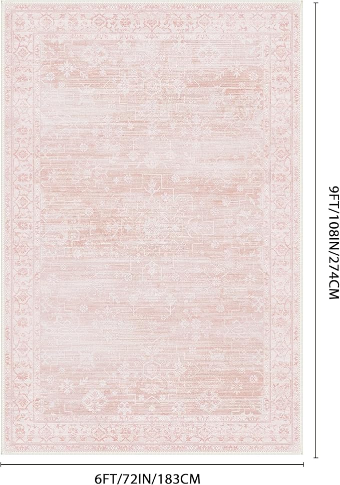 GENIMO 6x9 Area Rugs for Living Room,Machine Washable Non-Slip Vintage Rug, Low Pile Lightweight Carpet for Bedroom, Dining Room, Home Office, Stain & Fade Resistant,Pink