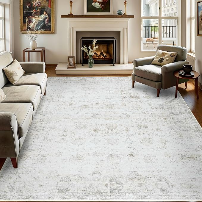 Dotiiorug Washable 8×10 Area Rugs for Living Room, Vintage Floral Rug Soft Non Slip Stain Resistant Boho Carpet for Bedroom Dinning Room Kitchen Home Office 02 Beige