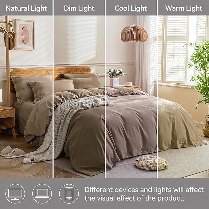 JELLYMONI Cotton Duvet Cover Queen Size - Khaki Comforter Cover with Button 100% Washed Cotton 3PCS Breathable Soft Solid Bedding Set Duvet Cover 90×90in & 2 Pillowcases (NO Comforter)