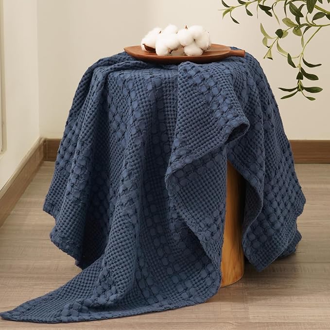 PHF 100% Cotton Waffle Weave Throw Blanket, Soft Lightweight Breathable Cozy Throws for Couch Bed Sofa, 300 GSM Luxury Aesthetic Blanket Gift for Home Decor & Office, 50"x60", Indigo