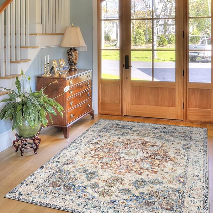 Domitapis Area Rug 3×5, Vintage Boho Rug,Ultra-Soft Low Pile, Washable, Non Slip,Stain Resistant Printed Carpet for Living Room Bedrooms Playroom Office Kitchen, Blue/Red