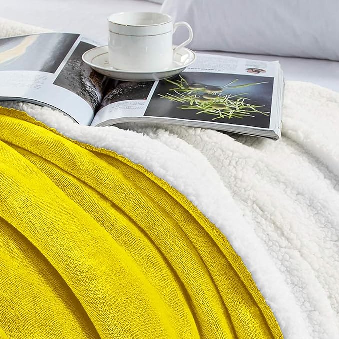 MOONLIGHT20015 Sherpa Blankets Queen Size - (Ochre, 90X90 Inches) Fuzzy, Soft and Wool/Fleece Blanket for Bed, Fluffy Blankets for Winter, Camping and Travel