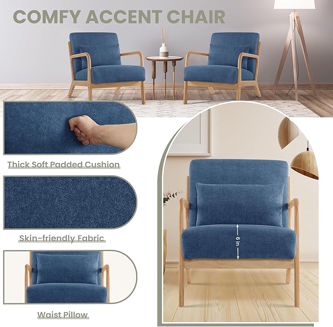 Aunekiv Accent Chair with Pillow Upholstered Mid-Century Chair Living Room Chair for Small Space Solid Wood Frame Reading Chair with Soft and Thick Cushion Armchair for Bedroom Balcony Blue 1PC