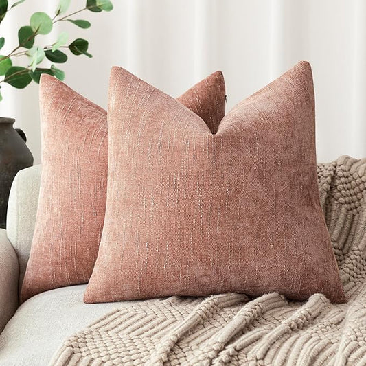 Foindtower Pack of 2 Textured Chenille Throw Decorative Pillow Covers Square Accent Solid Cushion Cover Neutral Farmhouse Pillow Case for Couch Sofa Bedroom Living Room 22x22 Inch,Dusty Pink