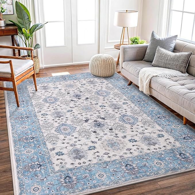 Vanmoos 4x6 Area Rug - Machine Washable, Non-Slip Soft Carpet for Living Room, Bedroom, Office, Dining Room - Durable Accent Rug for Farmhouse & High-Traffic Areas, Cozy Elegance/Blue