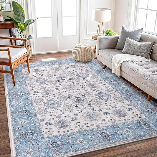 Vanmoos 3x5 Area Rugs for Living Room - Washable, Non-Slip Medium Accent Rug for Bedroom, Kitchen, Entryway - Durable Carpet for High-Traffic Areas & Home Decor, Cozy Elegance/Blue