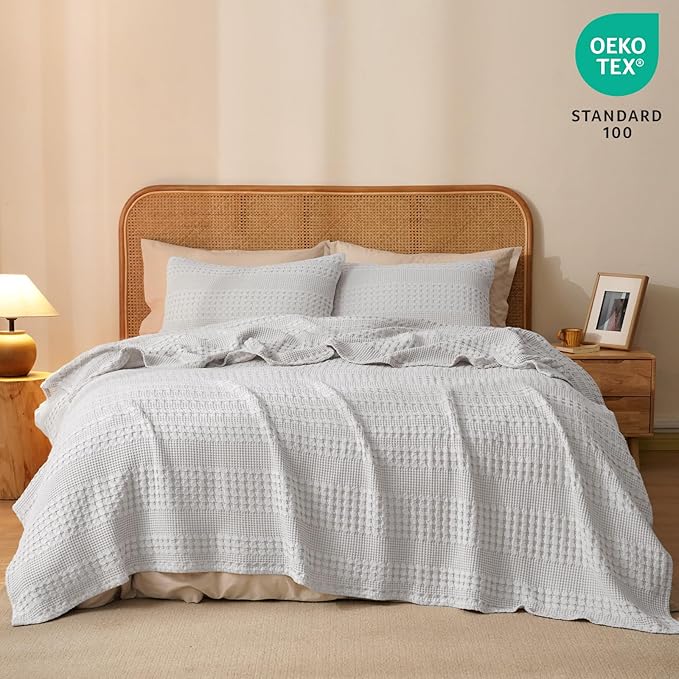 PHF 100% Cotton Waffle Weave Blanket Queen Size for Bed, Soft Lightweight & Breathable, All-Season Comfort, 300 GSM Luxury Aesthetic Blanket for Home Decor, 90"x90", Light Grey