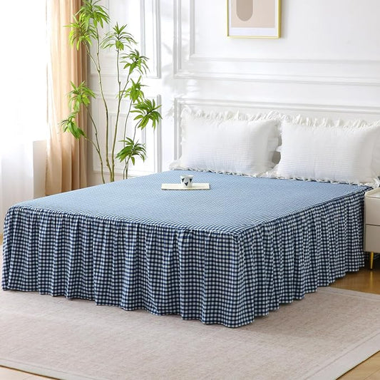 Silnuo Navy Blue/White Plaid Bed Skirt Washed Cotton Vintage Gingham Checkered Dust Ruffle Queen Size 18" Bedding(1 Bed Skirt Only)