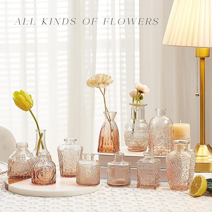 Glass Bud Vase Set of 24, Small Flower Vases, Glass Vases for Centerpieces, Vintage Home Table Decorations Bud Vases (24 Pcs, Amber)