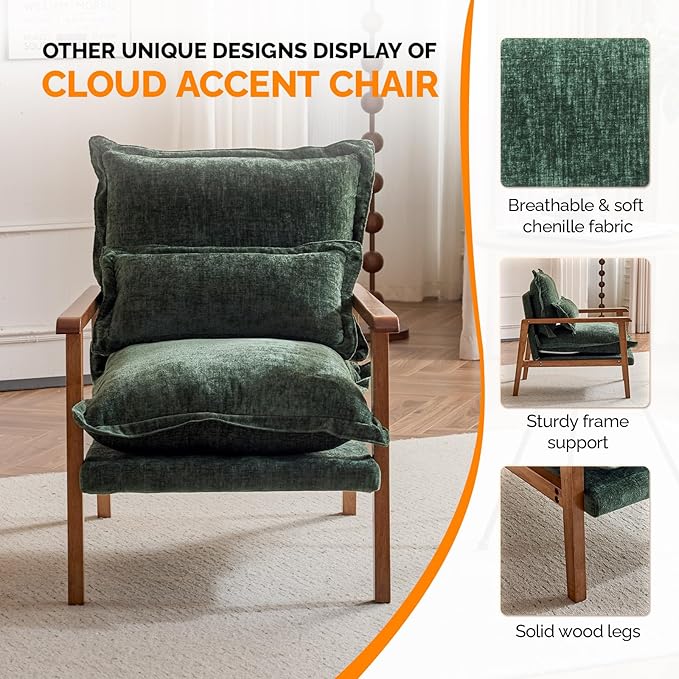 VINGLI Mid-Century Modern Cloud Accent Armchair with Lumbar Pillow, 6.3'' Thick Seat Cushion Comfy Reading Chair with Wooden Armrests，Boho Lounge Chair for Bedroom, Living Room, Chenille, Dark Green