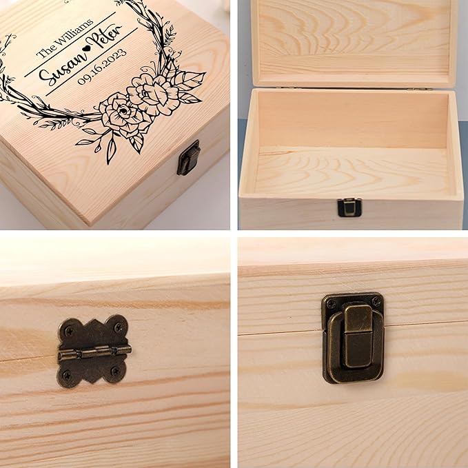 Personalized Wedding Keepsake Box Custom Name Date, Wooden Memory Box Wedding Gift Box for Couples Newlyweds - Customized Gifts for Bridal Shower Anniversary Engagement Christmas