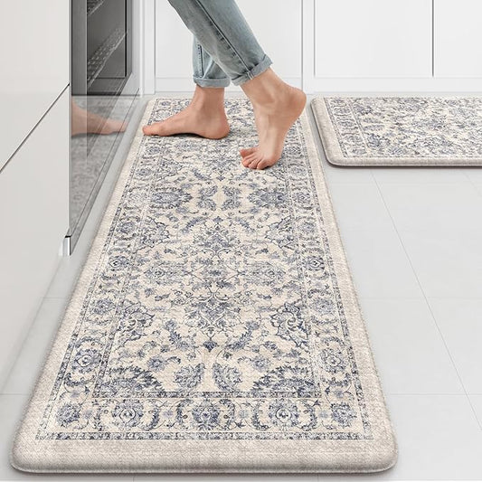 KIMODE Anti Fatigue Kitchen Mats for Floor, Boho Floral Kitchen Rugs 17"x29.5"+17" x47”, Cushioned Mats for Kitchen Floor, Non Slip Kitchen Floor Mats, Sink, Laundry, Office, Desk Blue Multi