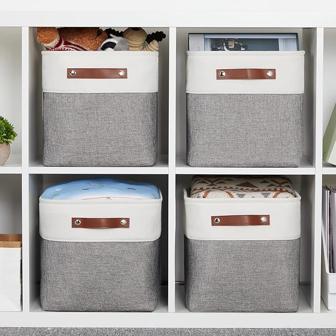 HNZIGE Fabric Cube Storage Baskets Bins Cube Baskets 11x11, Set of 4, Foldable Storage Cube Bin Baskets for Shelves with Handles, Bins for Cube Organizer Home Toy Nursery Closet Bedroom(White Gray)