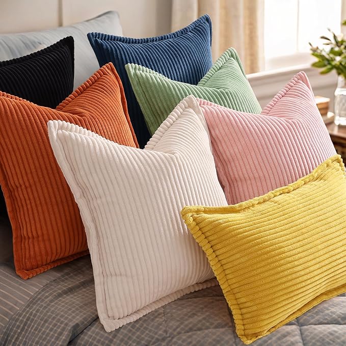 decorUhome Spring Corduroy Black Throw Pillow Covers 20x20 Set of 2 Decorative Soft Boho Farmhouse Couch Pillow Covers for Living Room Bed Sofa Broadside Striped Pillow Cases