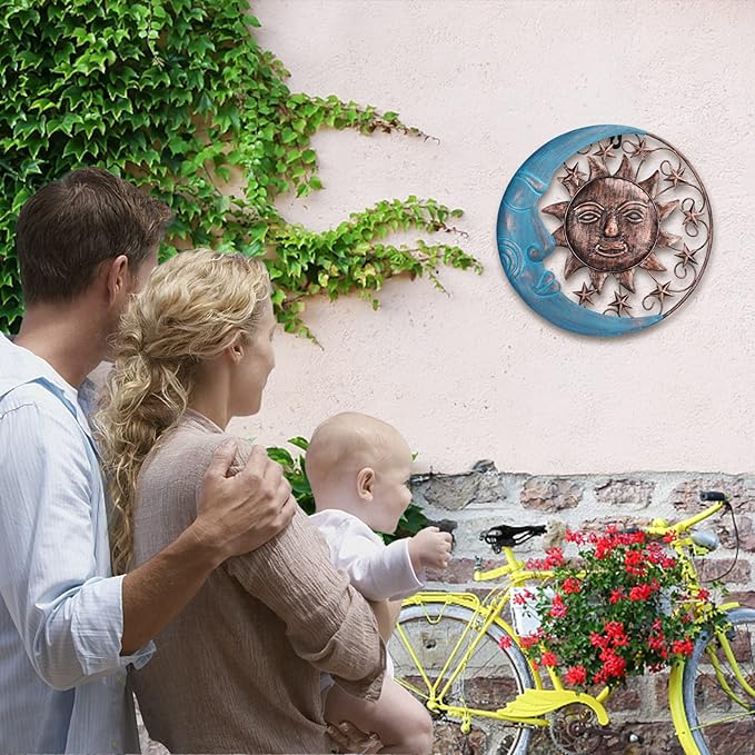 VCUTEKA Sun Face Metal Wall Art Decor Outdoor Sun Moon Patio Garden Fence Deck Yard Pool Wall Sculpture Decoration for Living Room Bedroom Colorful