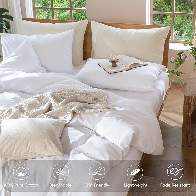 MooMee Bedding Duvet Cover Set 100% Washed Cotton Linen Like Textured Breathable Durable Soft Comfy (Solid Bright White, Super Queen 90"x98")