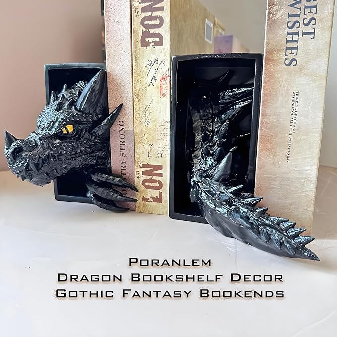 Dragon Bookshelf Decor Gothic Fantasy Bookends Black Animal Statues for Shelves Book Lovers Gifts Unique Resin Shelf Holder Set (10"*6.1"*4.9") Home Office Decorative