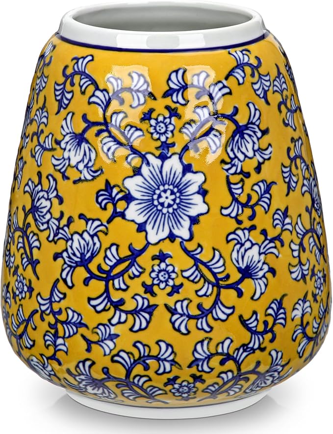 Hollyone Blue and Yellow Porcelain Vase Chinoiserie Floral Vases Large Vintage Tall Blue Ceramic Vase for Home Mantle Shelf Living Room Table Centerpieces Decor, 7 Inch