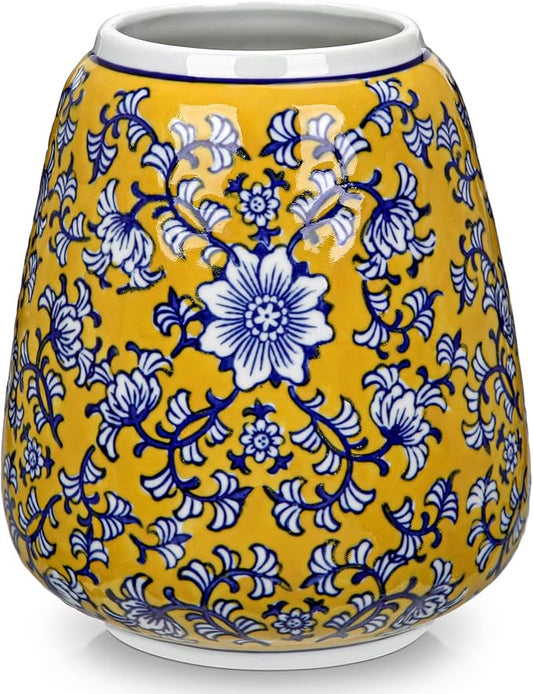 Hollyone Blue and Yellow Porcelain Vase Chinoiserie Floral Vases Large Vintage Tall Blue Ceramic Vase for Home Mantle Shelf Living Room Table Centerpieces Decor, 7 Inch