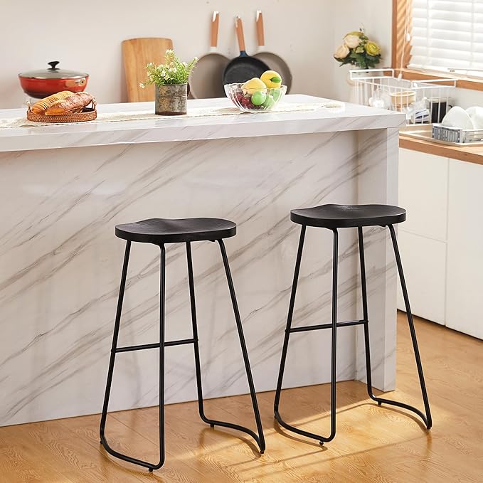 HeuGah Bar Stools Set of 2, 30 Inch Counter Height Wood Bar Stools, Black Saddle Seat Barstool for Kitchen Island, Industrial Bar Height Stool with Metal Leg (Black, 2 PCS 30Inch Barstool)
