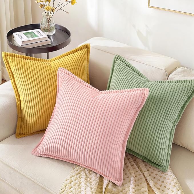 decorUhome Spring Valentines Corduroy Pink Euro Sham Throw Pillow Covers 24x24 Set of 2 Decorative Soft Boho Farmhouse Couch Pillow Covers for Living Room Bed Sofa Broadside Striped Pillow Cases