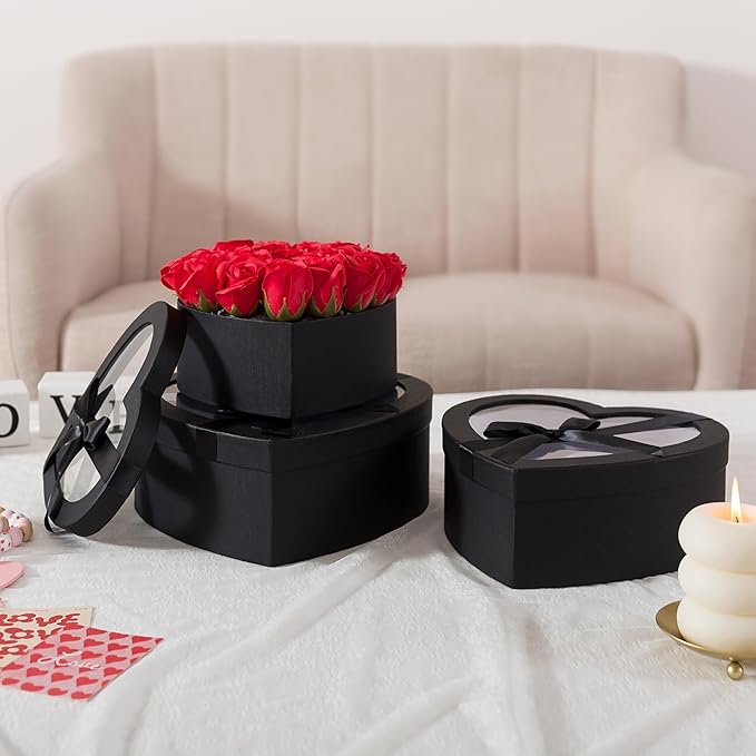 Soul & Lane Black Heart Shaped Gift Boxes with Clear Lids and Decorative Bows: Set of 3 Cardboard Heart Boxes for Flowers, Chocolates, Large Box for Flower Arrangements and Valentine’s Day Presents