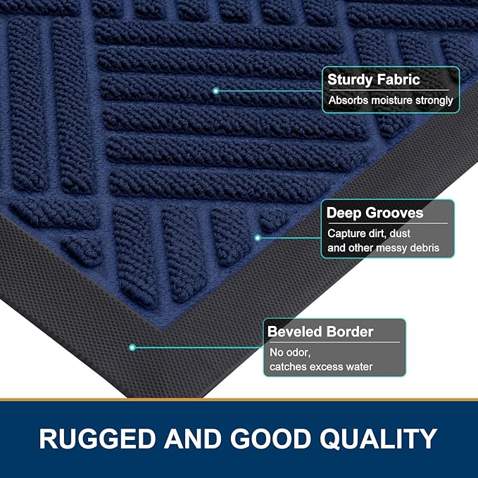 Smiry Front Door Mat Outside Entrance, Heavy Duty Outdoor Indoor Natural Rubber Doormat, Non Slip, Trap Dirt and Moisture, Easy Clean, Low Profile Patio Porch Entryway Mat, 47x23, Navy Blue