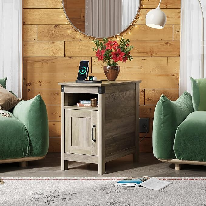 WLIVE End Table with Charging Station, Narrow Side Table for Living Room, Farmhouse Night Stand with Storage, Small Wooden Nightstand with USB Ports and Outlets for Living Room and Bedroom, Greige