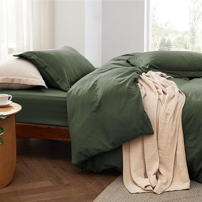 Bedsure Duvet Cover King Size with Fitted Sheet - 4 Pieces Prewashed Cotton-Like Extra Soft Bedding Set, Includes 1 Duvet Cover 104x90 Inches, 2 Pillow Shams, 1 Fitted Sheet, Olive Green