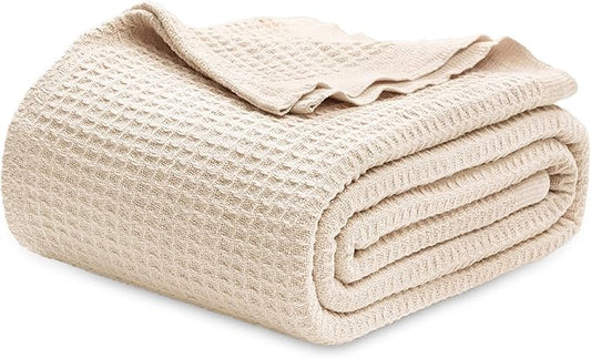 Bedsure Gentlesoft 100% Cotton Blanket Twin XL Size for College Dorm - Breathable and Soft for Spring Summer, Waffle Weave Twin Blanket for Bed, Dorm Room Essentials, Yellowish Cream, 66x90 inches