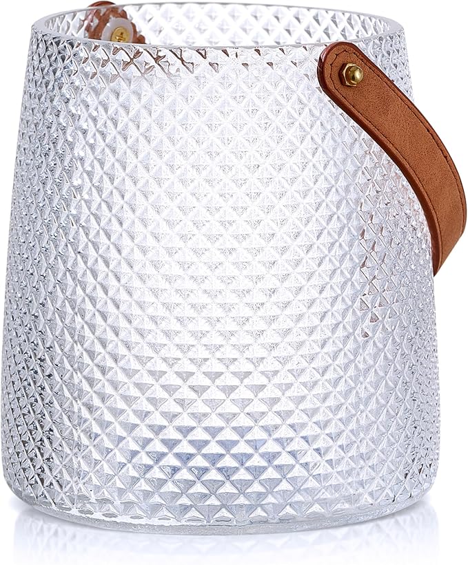 Nordic Handcrafted Glass Flower Vase with Vegan Leather Handle – Diamond Pattern Design – Modern Decorative Centerpiece – Elegant Gift for Weddings, Housewarming, Anniversaries – Stylish Home Décor