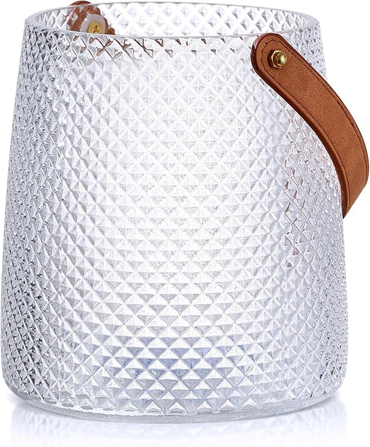 Nordic Handcrafted Glass Flower Vase with Vegan Leather Handle – Diamond Pattern Design – Modern Decorative Centerpiece – Elegant Gift for Weddings, Housewarming, Anniversaries – Stylish Home Décor
