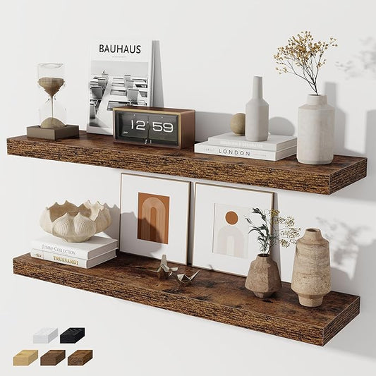 Fun Memories 36 Inch Floating Shelves, Wall Shelves Set of 2 for Bathroom/Living Room/Bedroom/Kitchen, Wall Mounted Floating Shelf for Home Decor with Invisible Brackets, Rustic Brown