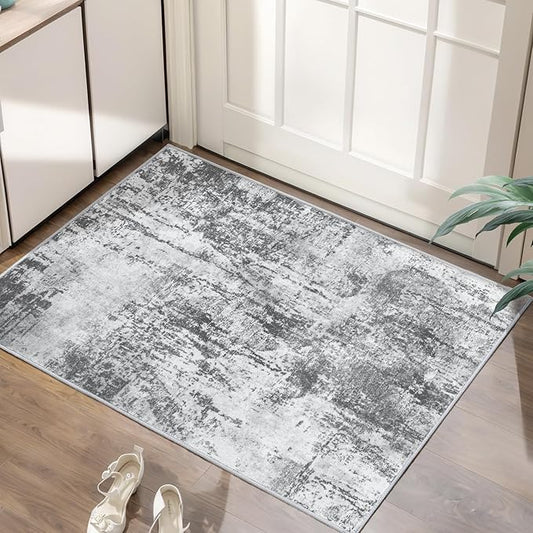 Ciicool Modern Abstract Area Rug 2x3 Washable Small Entryway Rugs, Non-Slip Low Pile Throw Rug Mat, Foldable Thin Kitchen Bathroom Rug, Grey Floor Carpet for Entrance Living Room Indoor Doormat