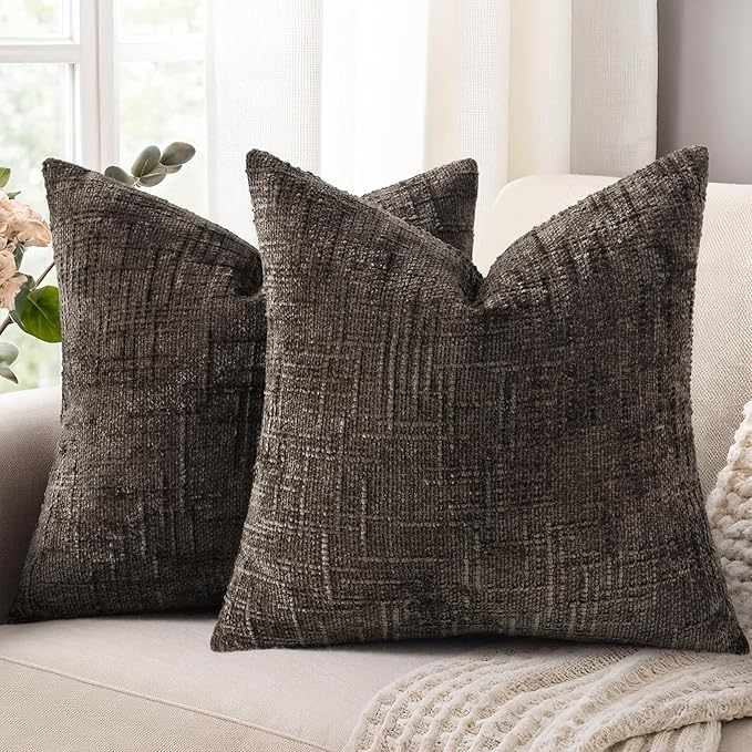 decorUhome Spring Dark Brown Chenille Throw Pillow Covers 18x18 Set of 2 Textured Slubby Couch Pillow Covers Farmhouse Accent Modern Neutral Decorative Pillow Cases for Bed Sofa Living Room