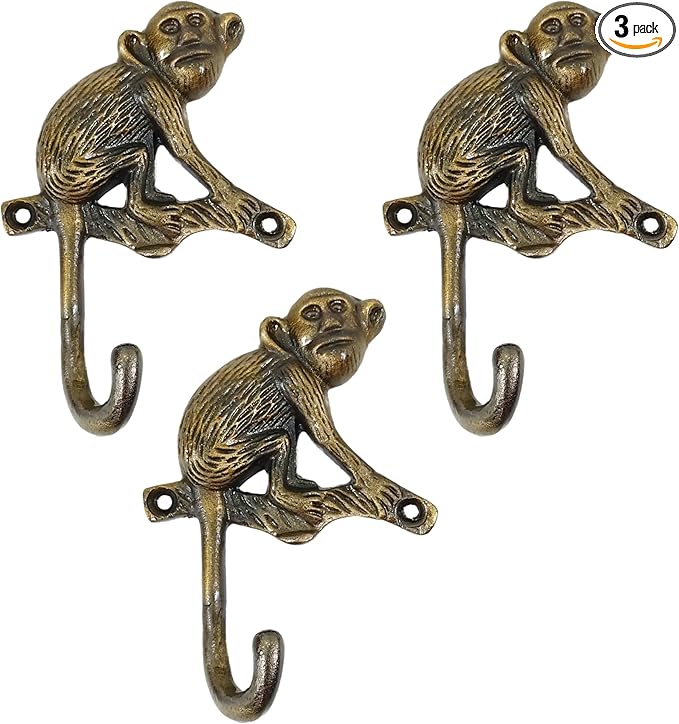 Set of 3 Cast Iron Monkey Shape Coat Hooks Wall Art Decor-Monkey Shape Hangers and Key Holder-Clothes Rack and Backpack Hanger-Coat Hooks Home Decor for Storage,Living Room (Antique Finish)