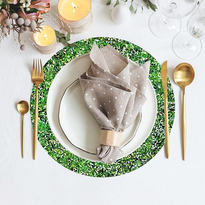 Round Placemats Set of 8 in Green Heat Resistant Circle Bling Washable Table Mats for Dinner, Kitchen, Wedding, Decorative