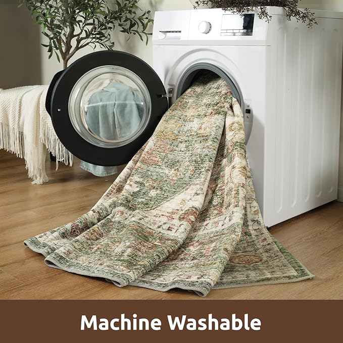 AMOAMI-2X10 Runner Rug-Washable Runners for Hallways-Soft Non Slip Bedside Rugs for Bedroom-Vintage Long Rug for Hallways Entryway Laundry Room Stair Kitchen Bathroom Green
