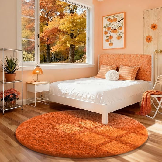 Ophanie Soft Fluffy Shaggy Rugs for Bedroom Living Room Dorm Nursery Home Decor Aesthetic,Color Orange, Size 4' Round