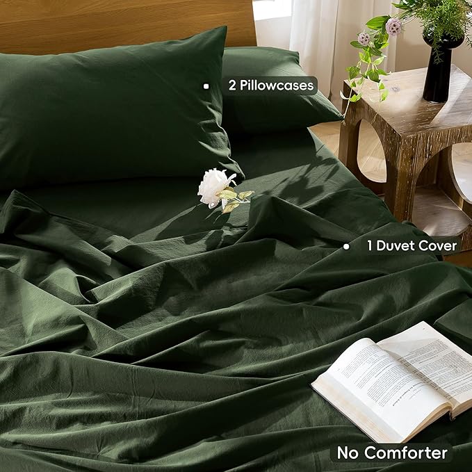 MooMee Bedding Duvet Cover Set 100% Washed Cotton Linen Like Textured Breathable Durable Soft Comfy (Solid Forest Green, Palatial King/Oversized King 120"x98")