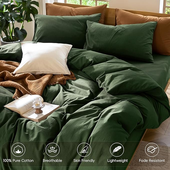 MooMee Bedding Duvet Cover Set 100% Washed Cotton Linen Like Textured Breathable Durable Soft Comfy (Solid Forest Green, Palatial King/Oversized King 120"x98")