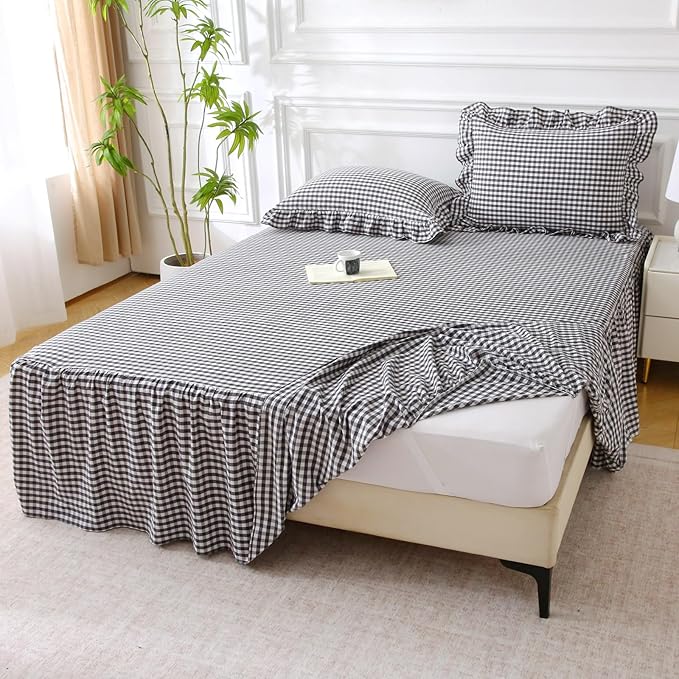 Silnuo Black/White Plaid Bed Skirt Washed Cotton Vintage Gingham Checkered Dust Ruffle Queen Size 14" Bedding(1 Bed Skirt Only)