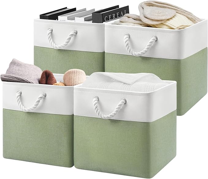 13x13x13 Storage Cube Bins,Set of 4, Large Foldable Fabric Storage Cubes with Handles for Organizing Home, Closet, Shelf, Office(White&Green)
