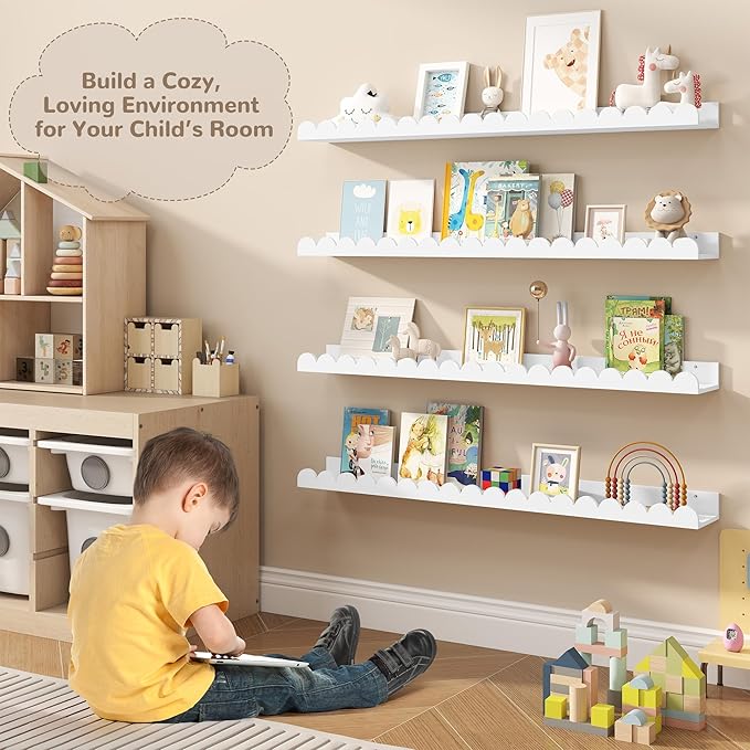 Fun Memories 36 Inch Scalloped Shelf, White Picture Ledge Shelf for Wall, Set of 4, Kids Book Shelves with Floating Design for Kids Rooms, Bedroom
